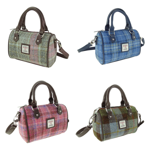 Four harris tweed handbags in different colors on a white background